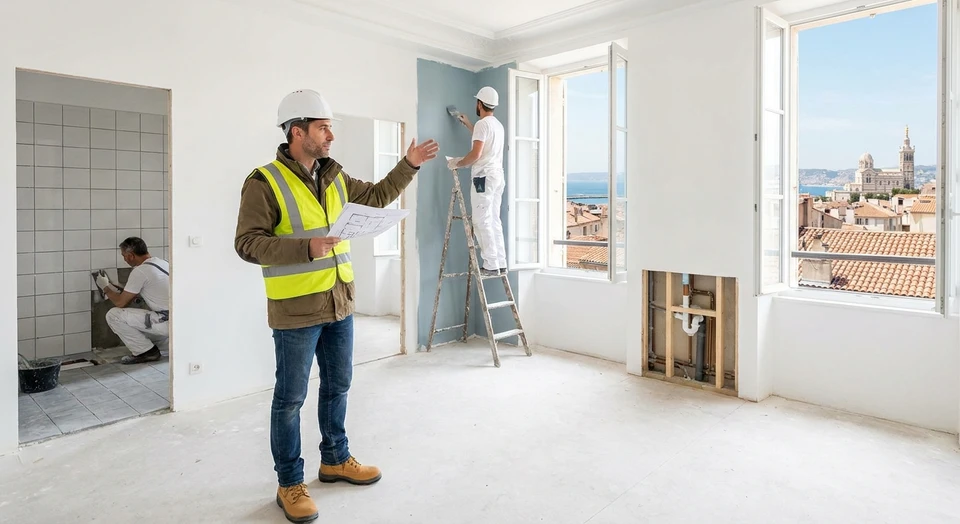 Vue d'un chantier intérieur de rénovation en cours, montrant un homme d'âge mature portant un gilet haute visibilité et tenant des plans/documents, superviseur le chantier. À l'arrière-plan, plusieurs ouvriers travaillent simultanément sur différentes tâches (un pose du carrelage, un autre fait des finitions murales, un troisième installe des éléments de plomberie). La scène illustre la coordination centralisée et multidisciplinaire d'un projet de construction sous la supervision d'un seul chef de projet.