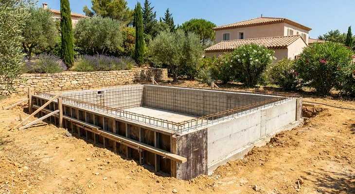 Construction d'une piscine en béton armé en cours de réalisation