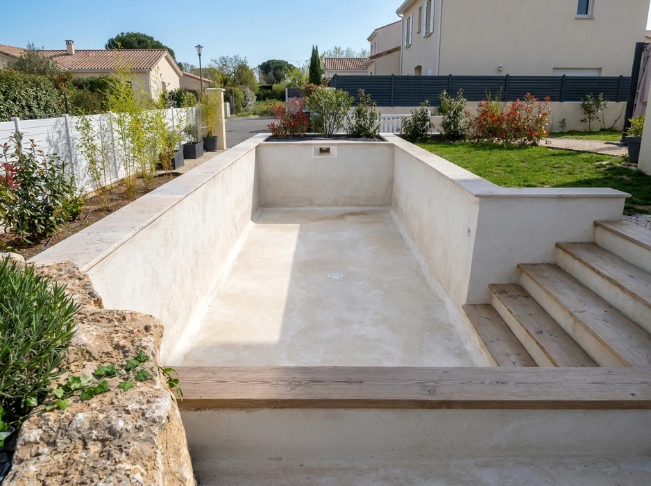Piscine à débordement rectangulaire de type lap pool, entourée d'un dallage en travertin beige