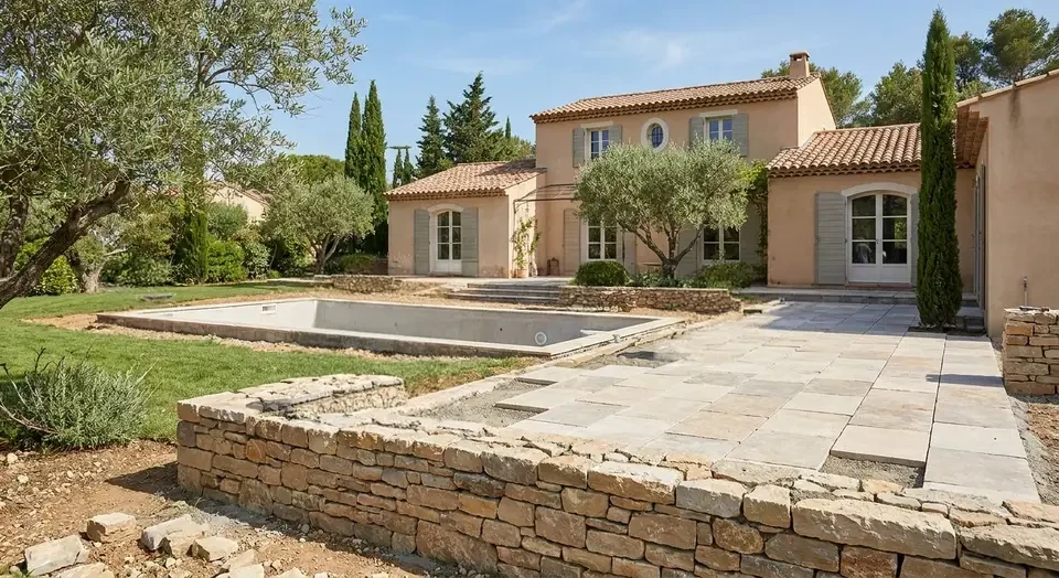 Photographie d'un chantier de rénovation/construction à l'extérieur d'une maison, montrant plusieurs ouvriers en tenue professionnelle travaillant simultanément : un maçon effectuant de la maçonnerie sur un mur, un autre ouvrier installant une terrasse dallée en arrière-plan, avec une piscine partiellement terminée visible dans le jardin. La scène doit montrer plusieurs corps de métier en action, illustrant la capacité de S-Renov à coordonner des projets complets et multidisciplinaires.