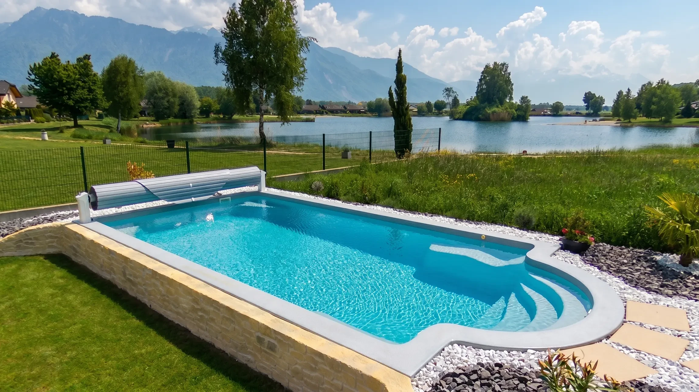 Espace extérieur résidentiel avec piscine rectangulaire aux eaux bleues cristallines, entourée de margelles en pierre naturelle