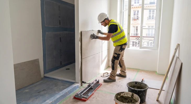 Échantillons de matériaux de construction disposés en grille sur surface plane, présentant diverses textures et finitions pour sélection client
